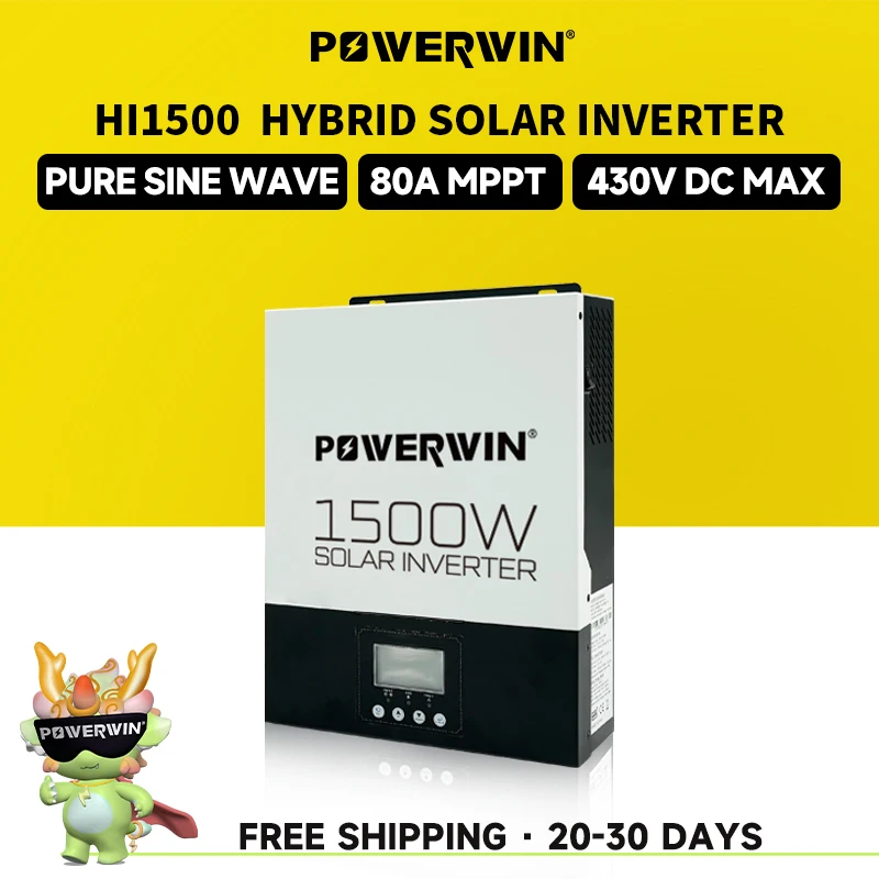 

POWERWIN HI1500 Hybrid Solar Inverter 1500W 12V Pure Sine Wave 80A MPPT Charge Controller Bidirectional Off-grid LCD 12V Battery