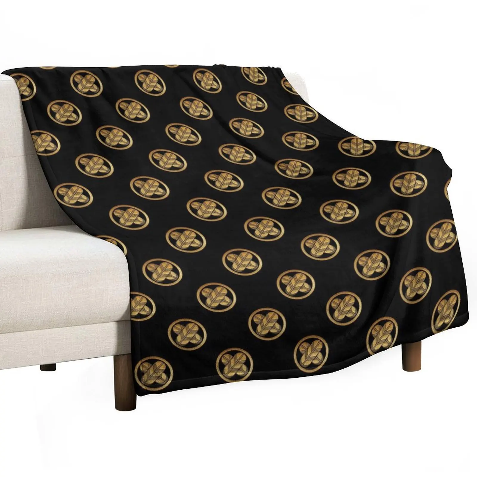 Takanoha Kamon in Gold Seal Throw Blanket Luxury Designer Bed Blankets