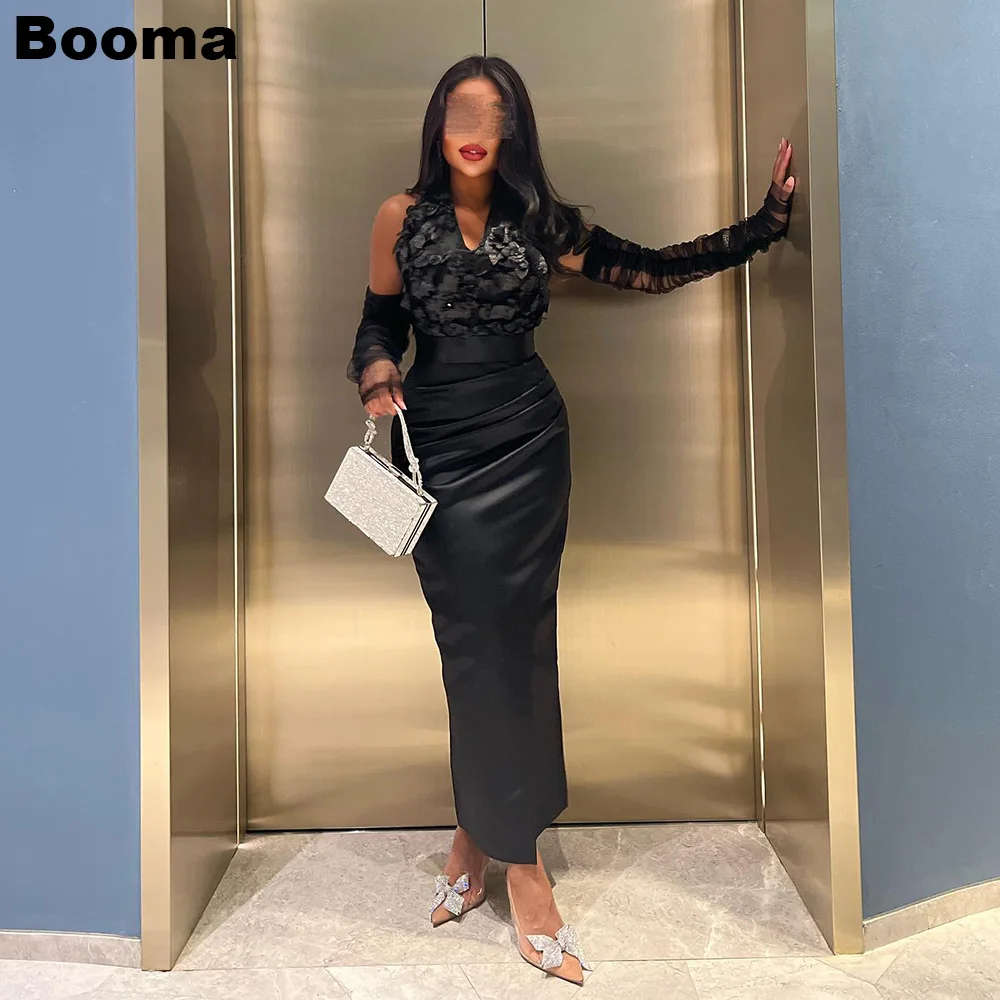 

Booma Black Mermaid Formal Dresses V Neck Sleeveless Flowers Prom Gowns Ankle Length Saudi Arabia Evening Dresses for Women