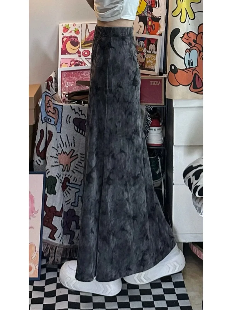 

Black Vintage Tie Dye Fishtail Skirt for Women Y2k E-Girl Elastic Waist A-line Skirts Spring New Mid-length Loose Faldas Mujer