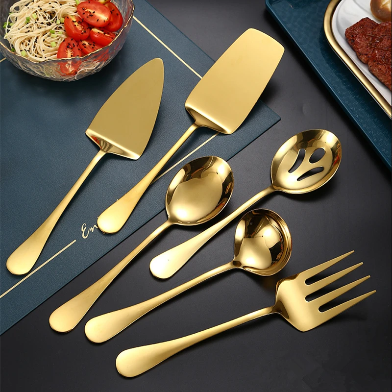 Gold Stainless Steel Western Serving Tableware Fork Spoon Shovel Set Portable Cutlery Dinnerware for Steak Kitchen Utensils