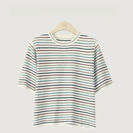 

Свободный крой в радужную полоску ort Sve круглый вязаный топ Golden Tead женская футболка дышащая летняя повседневная одежда