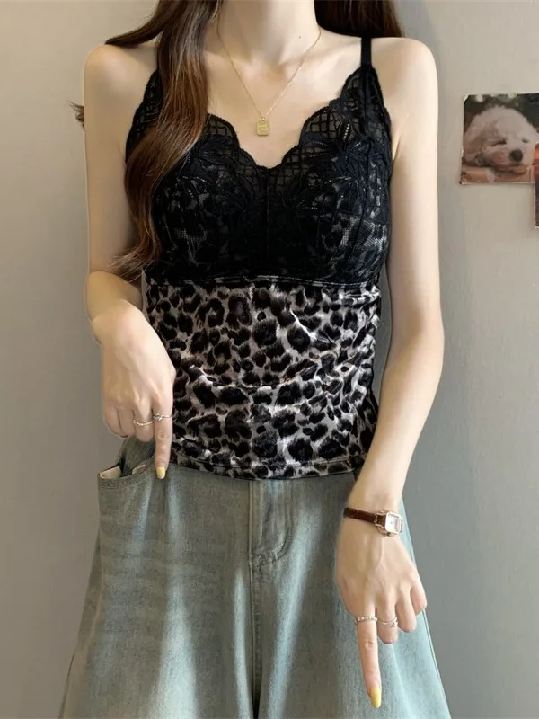 

Женская майка больших размеров с леопардовым принтом и кружевом, со встроенными чашечками, для ношения как нижнее белье или верхняя одежда, весенняя модная элегантная безрукавка