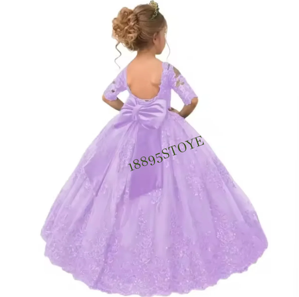 CustomizedElegant Lace Flower Girl Dress Tulle Half Sleeve Sequin Bow Baby Girl Princess Wedding Kids Birthday Gift Party First