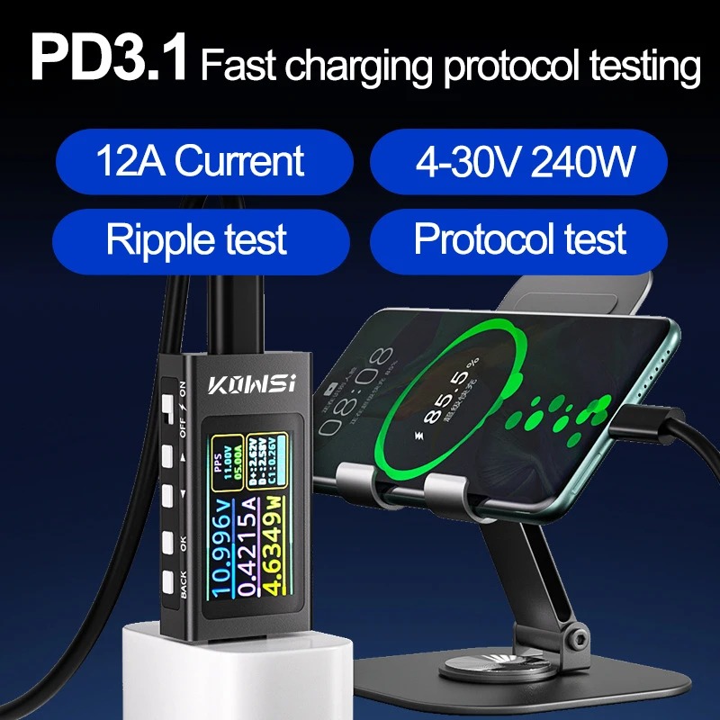 KWS-X1 4V-30V 12A Type C Tester Voltmeter Ammeter TYPE-C Fast Charge Detection Trigger Capacity Measurement Ripple Measurement