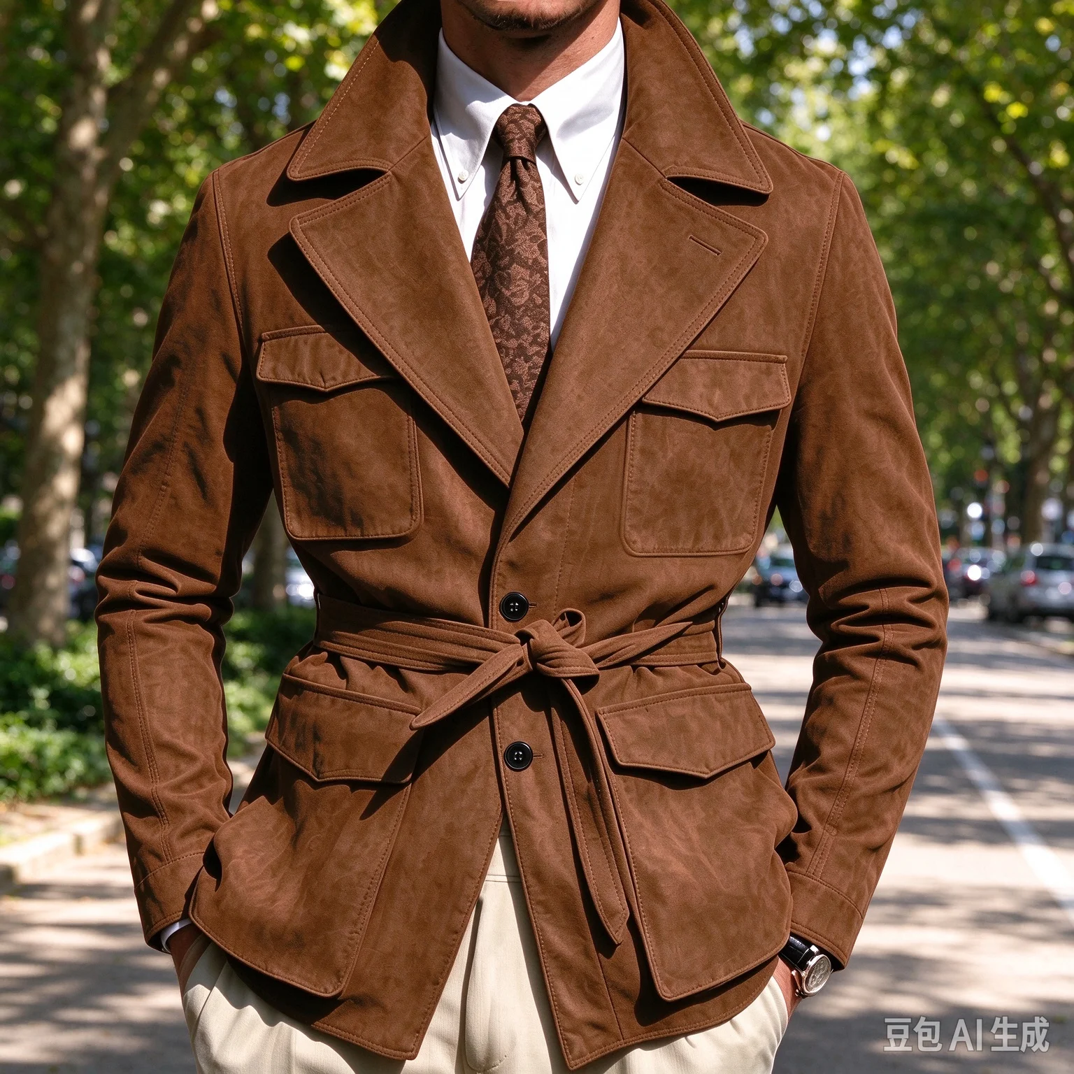 Men's Suede Safari Jacket With Belt Notched Lapel Multi Pockets Casual Blazer Slim Fit Business Outerwear Autumn Winter