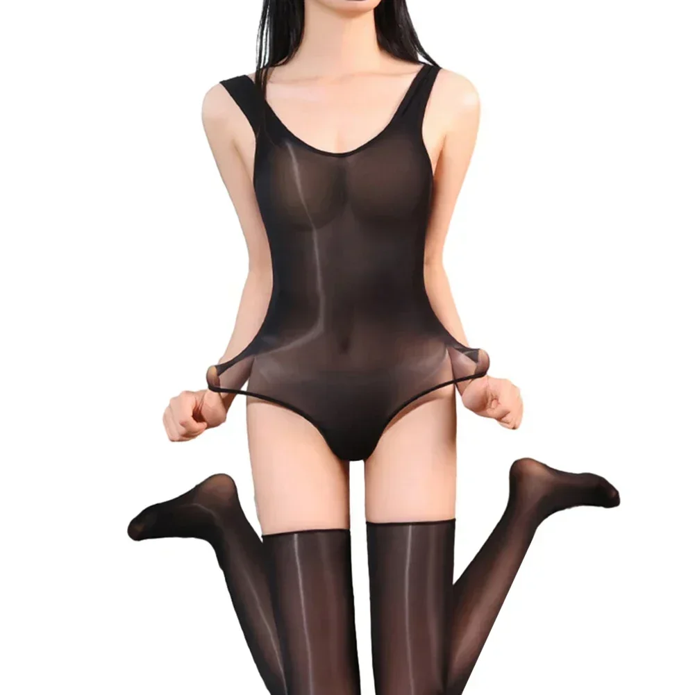 Hoog Uitgesneden Sexy Bodysuit Glanzend Glad Doorzichtig Badpak Vrouwen Lingerie Clubkleding