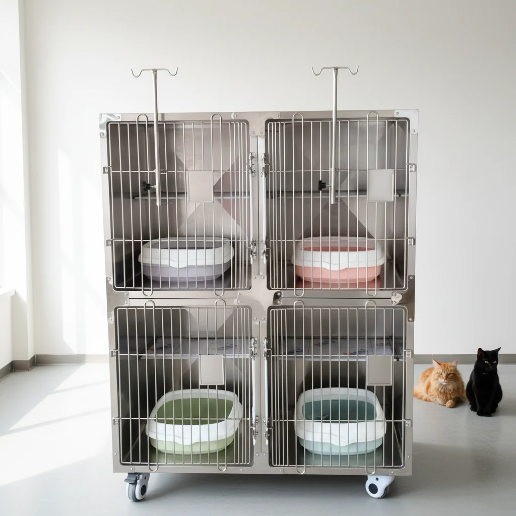 304 Stainless Steel 4-Unit Cat Cage with Acrylic Perch for Veterinary Hospital Pet Clinic
