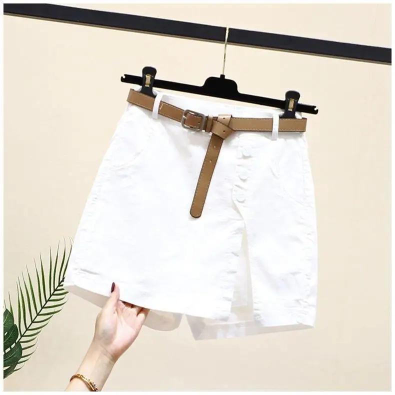 Women's summer shorts with a belt, pure cotton, versatile fashion, new 2025 Korean style, high-waisted A-line skirt with buttons
