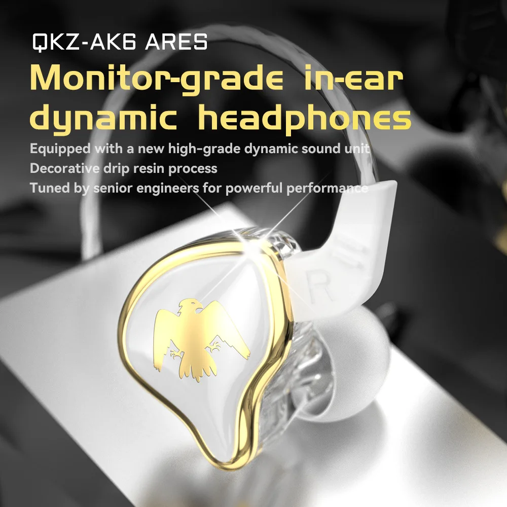 QKZ AK6 Ares Auscultadores Dinâmicos, Cabo Destacável, HIFI, Música, In Ear, Cancelamento de Ruídos, Desporto, Gaming Headsets, PK, EDX, PRO, 1DD, Original