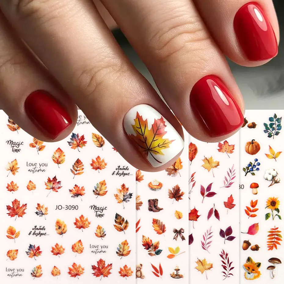 4pcs Fall Maple Leaf Nail Stickers Gradient Autumn Leaves Mushroom Designs Thanksgiving Pumpkin Nail Art Decals Decorations