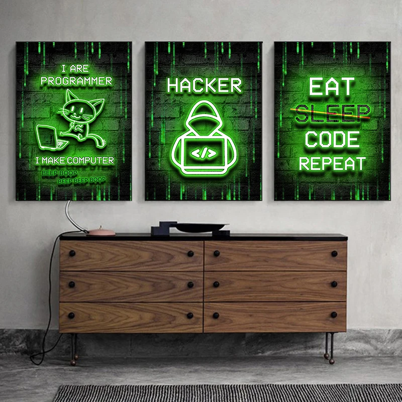 Neon Art Programmer Gamer Day Night Wall Art Poster Hacker Computer Hacking Metal Wall Sign per la decorazione domestica Picture