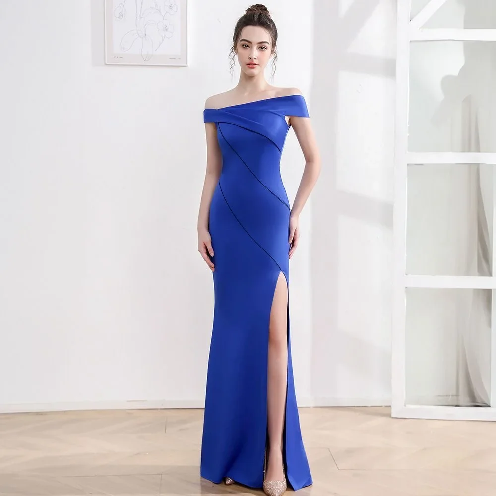 

New No. 64 evening dress for women, high-end temperament, noble banquet oblique shoulder long one-shoulder fishtail dress