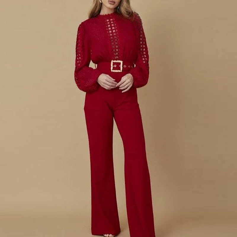 

Office Lady O-neck High Waist Playsuit New Casual Solid Color Straight Pants Romper Lace Patchwork Long Sleeved Banquet Jumpsuit