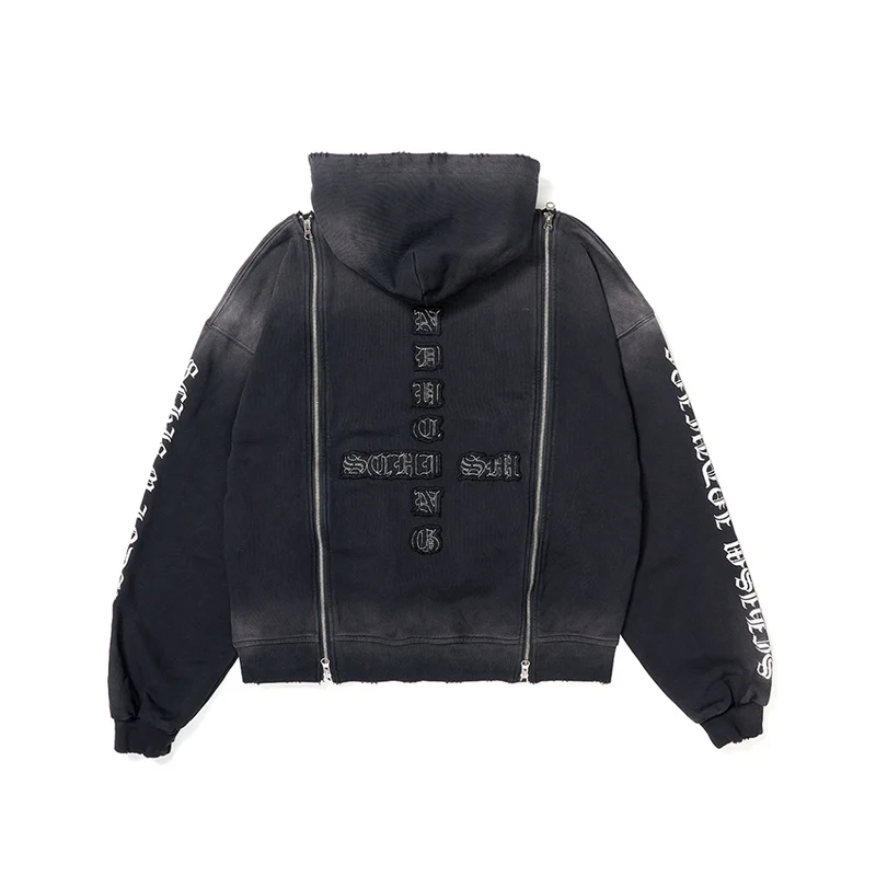 Americano retrò vecchio gradiente cerniera decorativa cardigan con cappuccio personalità vento di strada autunno e inverno moda nuovo maglione