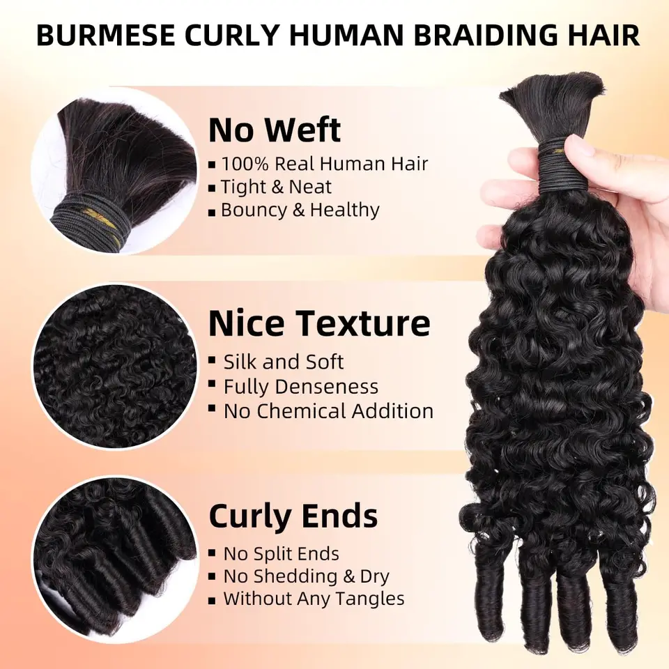 Cabello Humano Virgen para Trenzas Boho, Rizado Birmano con Puntas en Espiral, 3/4 Paquetes, 24-30 Pulgadas 3