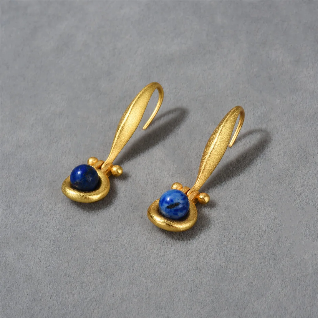 Byzantium Vintage 9K Gold Earring Natural Lapis Ear Hook Semi-Precious Blue Stone Lazuli Ball Ear Drop Dangle Earring Fine Jewel