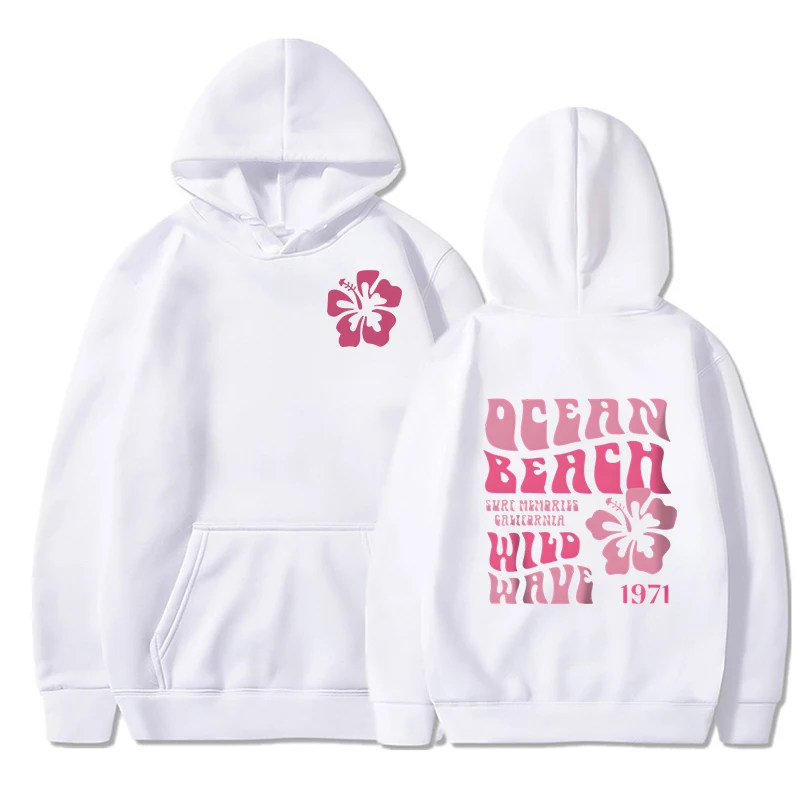 Ocean Beach Wild Wave Printed Y2K Hoodies Women Fashion Aesthetic Pink Floral Streetwear Autumn Long Sleeve Hip Hop Sweatshirt