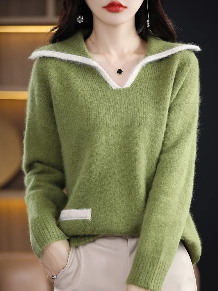 100% Pure Mink Cashmere Sweater Women V-Neck Thick Knit Pullover Casual Color Block Plus Size Blouse Loose Slit Lapel Base Shirt