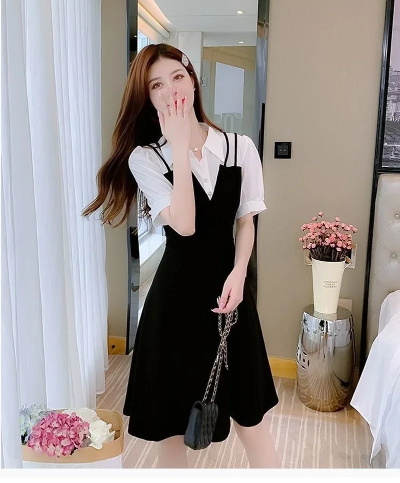 Splicing Black Woman Dress Dresses for Women 2024 Clothes Short Mini Fashion Summer X New Features of Cotton Trendy Korean Style