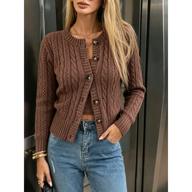 New Winter Women Fall Classic Cable Knit Button Cardigan, Long Sleeve Round Neck Hollow Out Cropped Sweater Versatile Coat