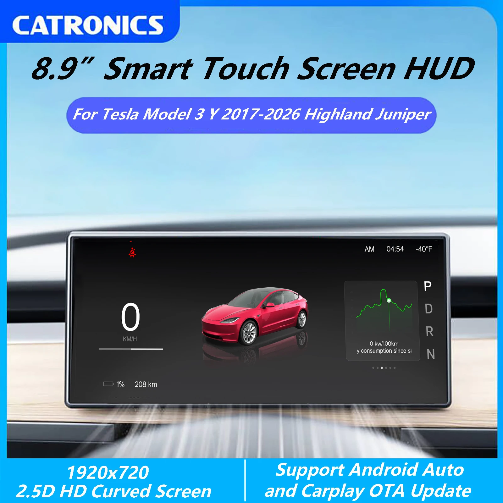 

CATRONICS 8.9 Inch Smart Dashboard Screen for Tesla Model 3 Y 2017-2026 Highland Juniper HUD Support Carplay Android AUTO