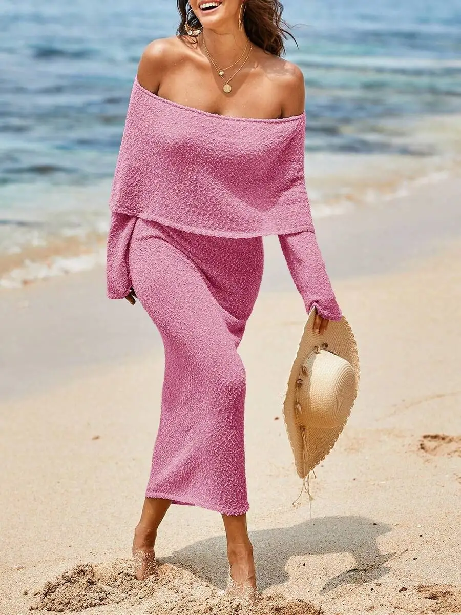 Women Off Shoulder Maxi Dress Sheer Beach Cover Up Bell Sleeve Knit Summer Outfit