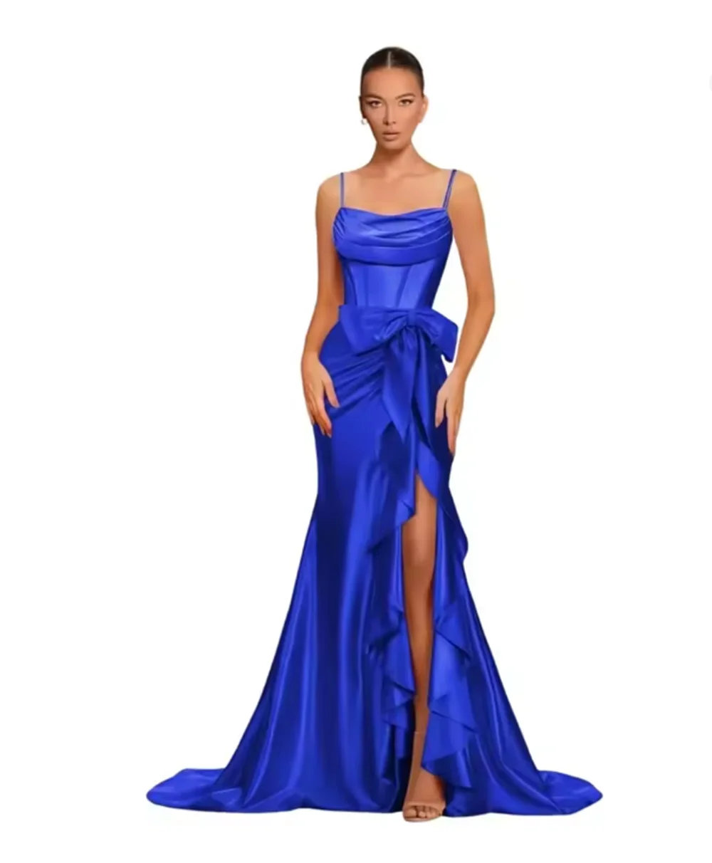 فساتين حفلة موسيقية من الساتان بأشرطة سباغيتي للنساء حورية البحر فستان سهرة بفتحة مكشوفة الكتف مع فستان ضيوف على شكل فيونكة