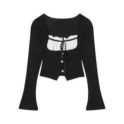 2024 Autumn Elegant Bow Square Collar Shitr Women Casual Hot Girl Sexy Slim Y2k Crop Tops Female Korean Fashion Sweet Tees Chic