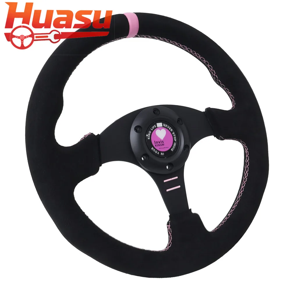 Universal 13inch 330mm Racing Sports Steering Wheel Pink Love Suede Real Leather for Enhanced Driving Experience
