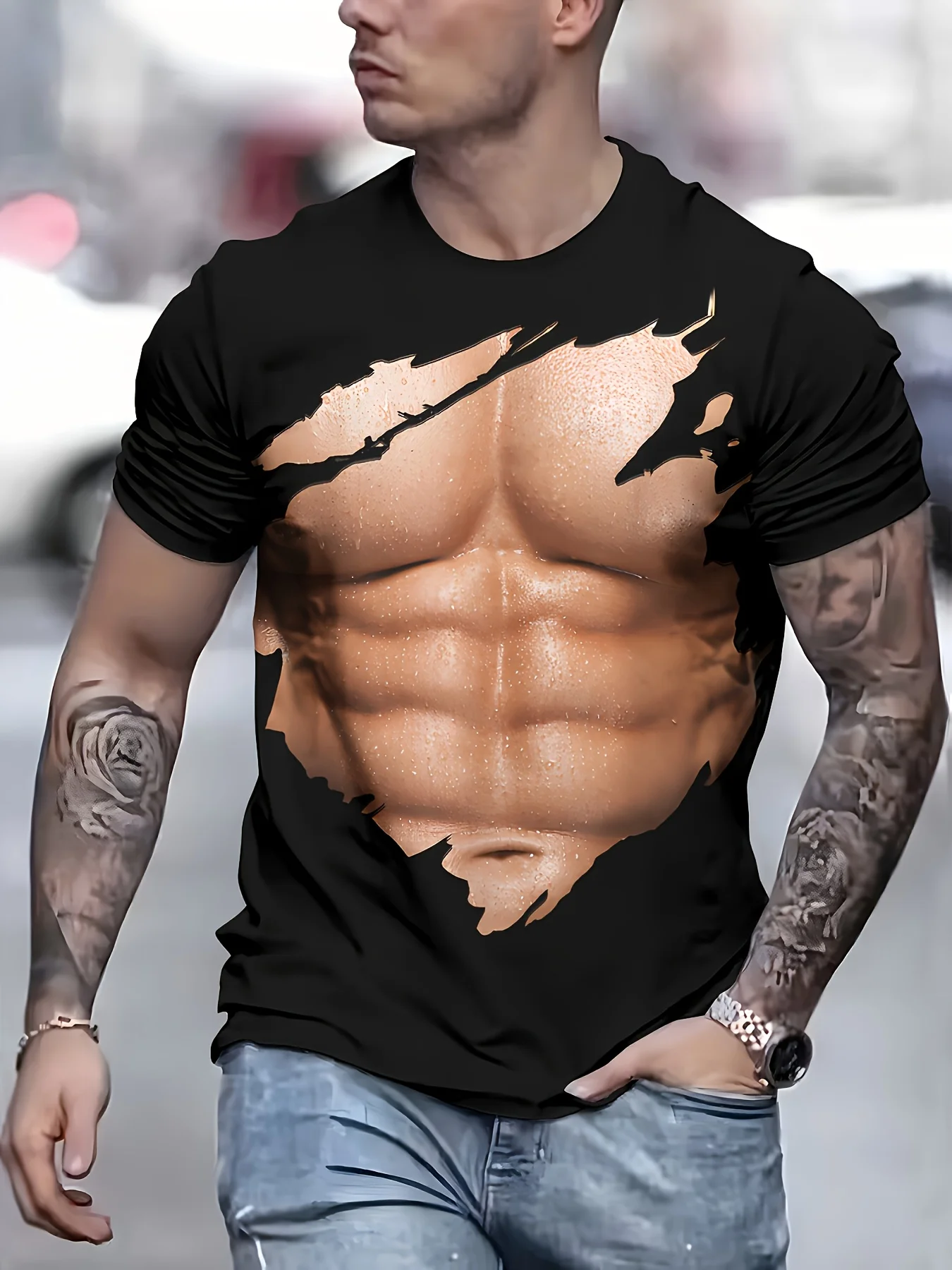 Men'S Casual Crew Neck T-Shirt  a Regular Fit with a 3D Belly Print, Perfect for Summer And Suitable for Year-Round Casual Wear for Sports Enthusiasts. This Playful Design Tee Is Great for Gym And Ou
