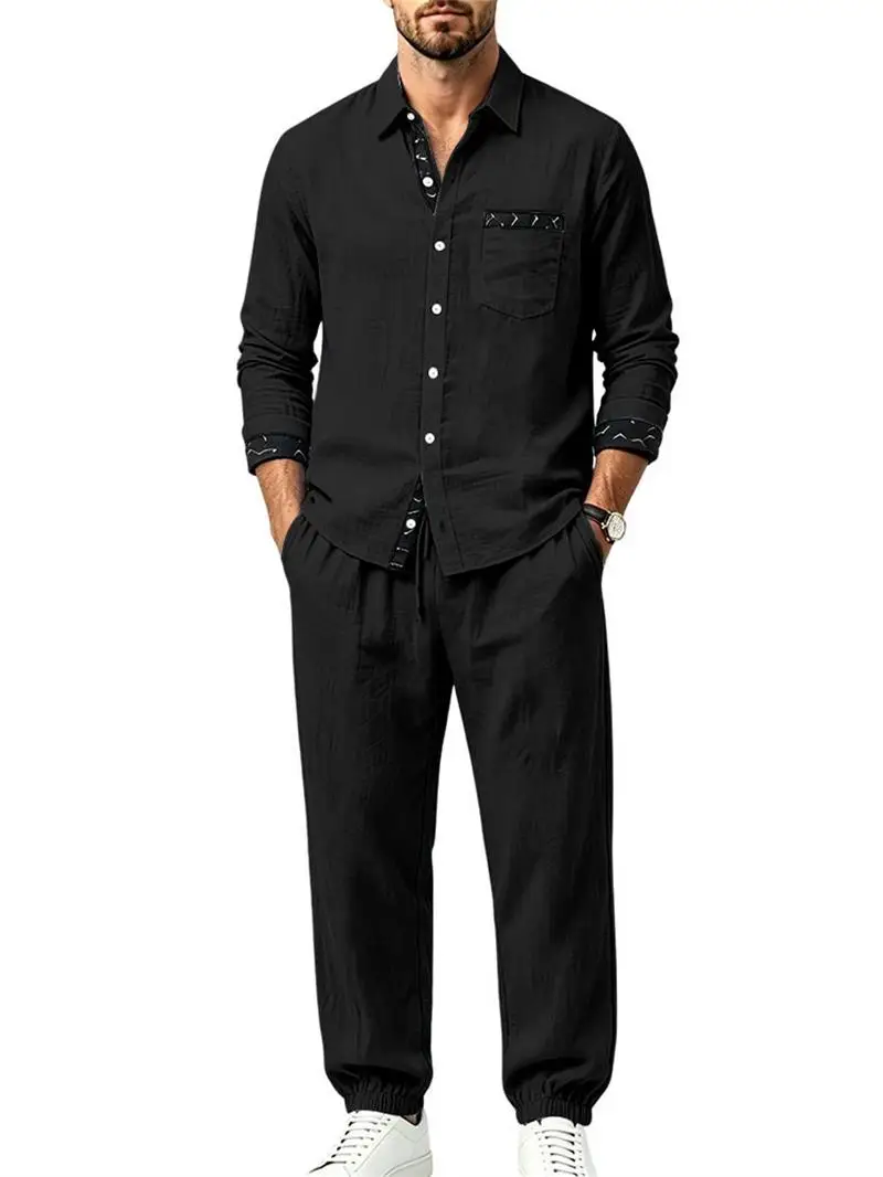 New linen print men's two-piece set, lapel pocket long sleeved shirt, elastic waist long pants, business vacation casual set view 5