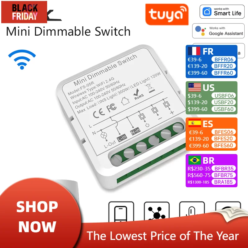 Tuya Smart Dimmer Switch Module WiFi Smart Home Automation DIY Breaker APP Remote Control Works with Alexa and Google Home