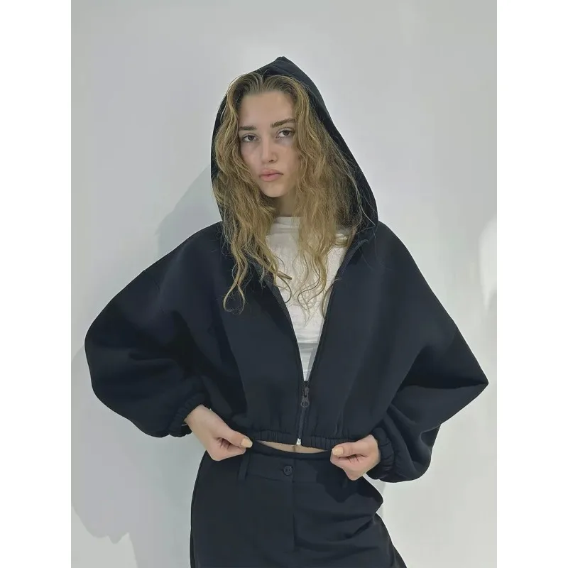 

Women Short Hoodies Spring Autumn Solid Color Zip Up Sweatshirts Leisur Outerwear Long Sleeve Hooded Jackets Lady Retro Coats