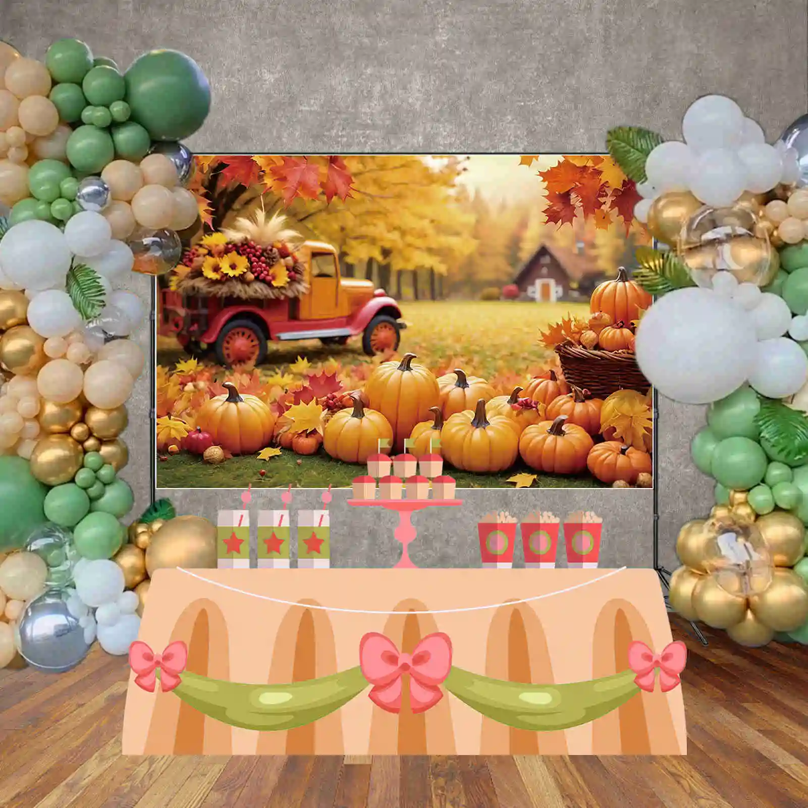 MOON.QG Thanksgiving Photography Backdrop Autumn Harvest Photo Studio Background 2024 Pumpkin Fallen Leaves Farm Truck Back Drop