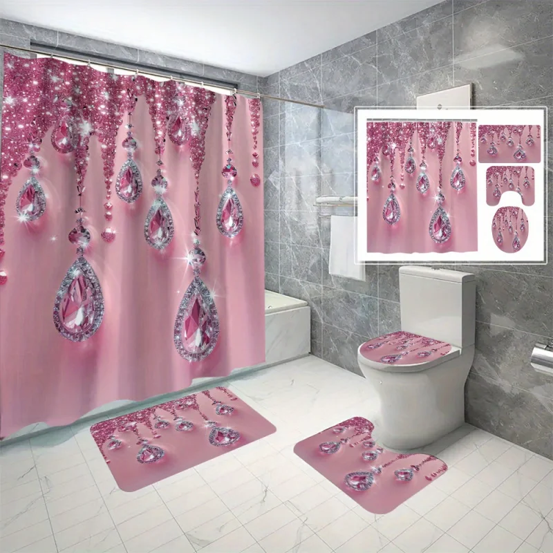 1pc/3pcs/4pcs Sparkling Diamond Digital Print Polyester Waterproof Shower Curtain Without Punching Partitions For Bathroom