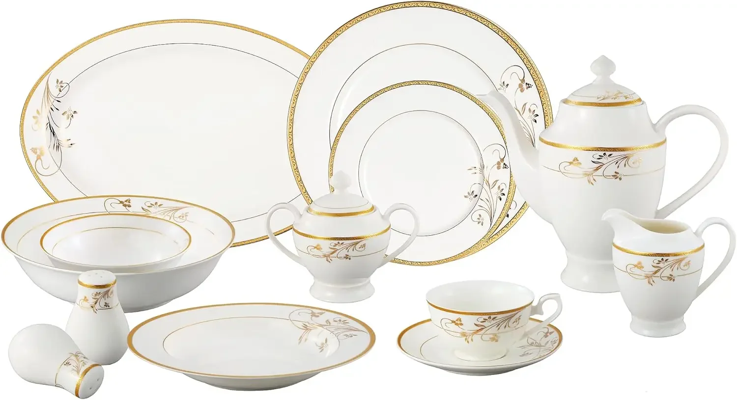 Lorren Home Trends La Luna Bone China 57-Piece 24K Gold Floral Design Dinnerware Set, Service for 8