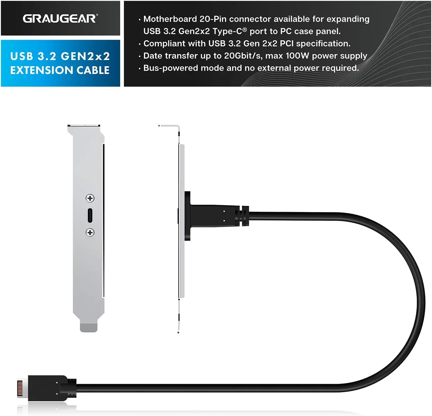 20Gb USB 3.2 Gen 2x2 USB-C Front Panel Type-C Adapter, Motherboard Header Extension Cable, USB-C to USB3.2 Type-E Key-A 20-Pin