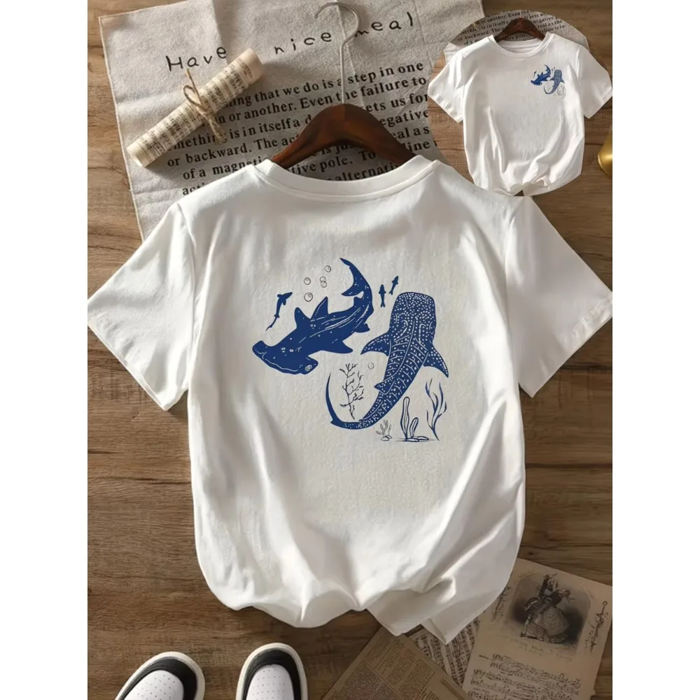 Whale Shark Cotton T Shirt Men Women Ocean Life Graphic Tee Hammerhead Shark Back Print Short Sleeve Summer Loose Aesthetic Top