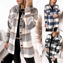 Women's S-2XL size new long sleeved single breasted plaid printed shirt collar woolen jacket tops  camisas