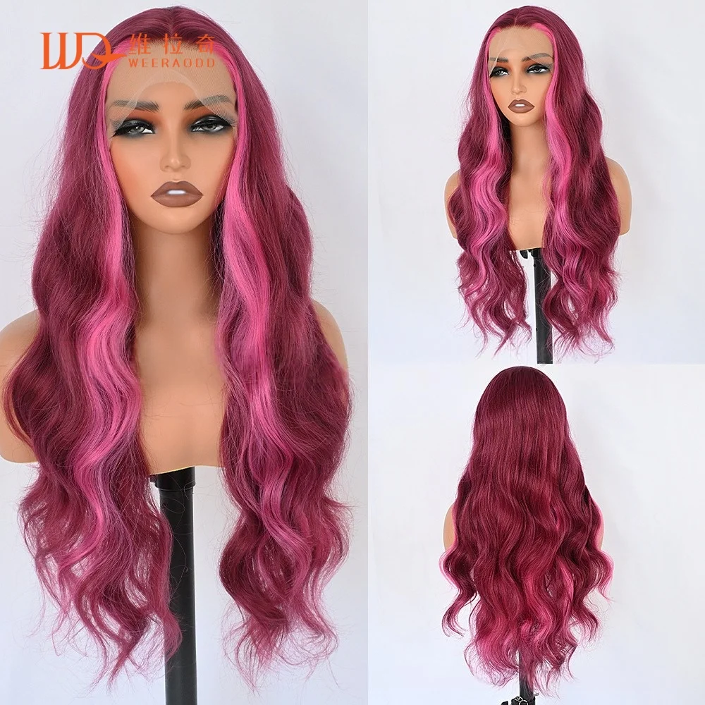 28inch-body-wave-fuchsia-rose-red-highlights-lace-front-wig-13x4-lace-frontal-glueless-money-piece-heat-resistant-synthetic-hair