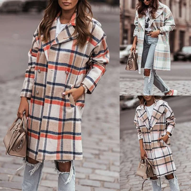 

Autumn Winter Women's Double-Breasted Woolen Plaid Jaet Long Sve Clean Fit Sle Polyester Fiber Long Coat for Middle-Ag...