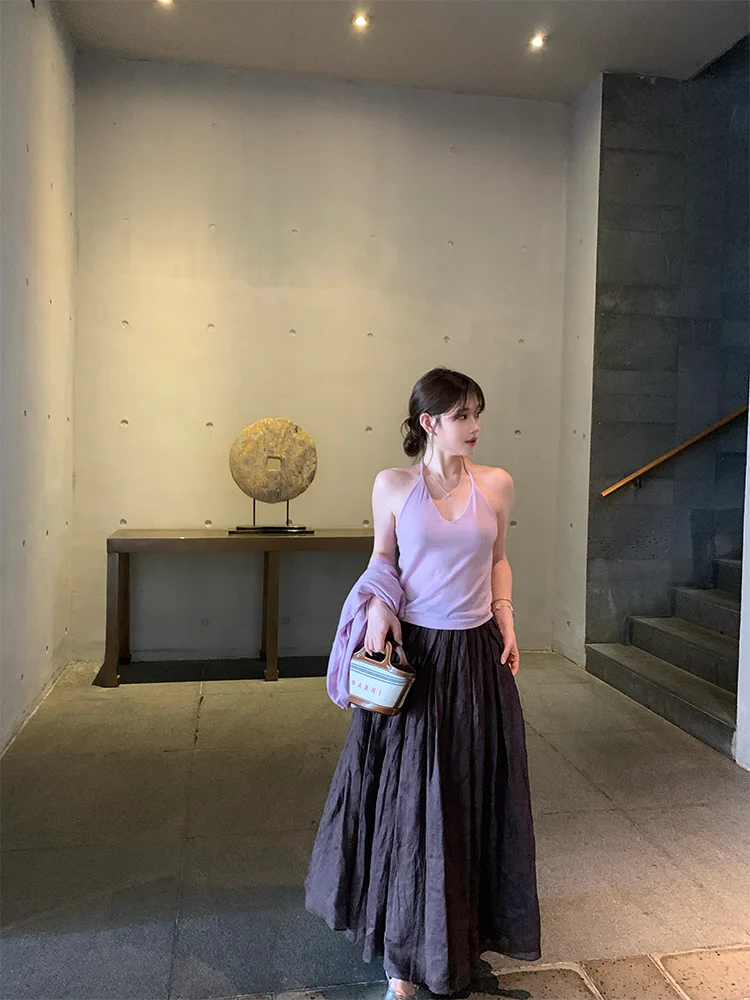 

Ele Purple Hemp Long Skirt High Waist A-Line Midi Skirt Loose Fit New Chinese Sle f-length Skirt Vintage Aosphere