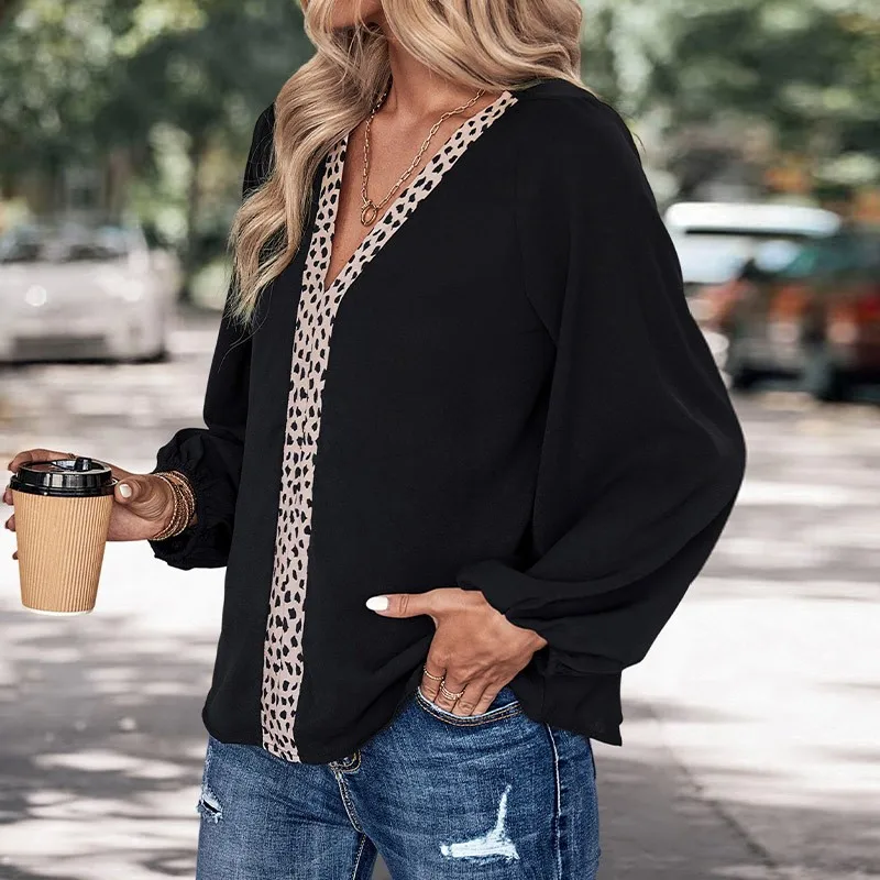 Women 2024 autumn V-neck loose patch leopard print shirt black top lantern sleeves loose temperament fashionable shirt for women