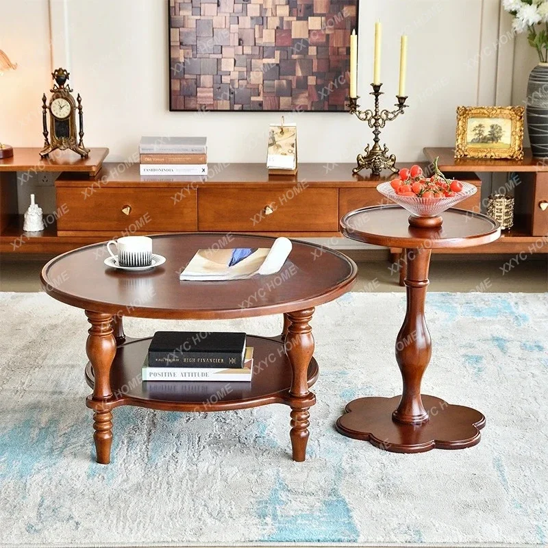 A  American retro solid wood coffee table living room home medium and ancient style round table tea table combination