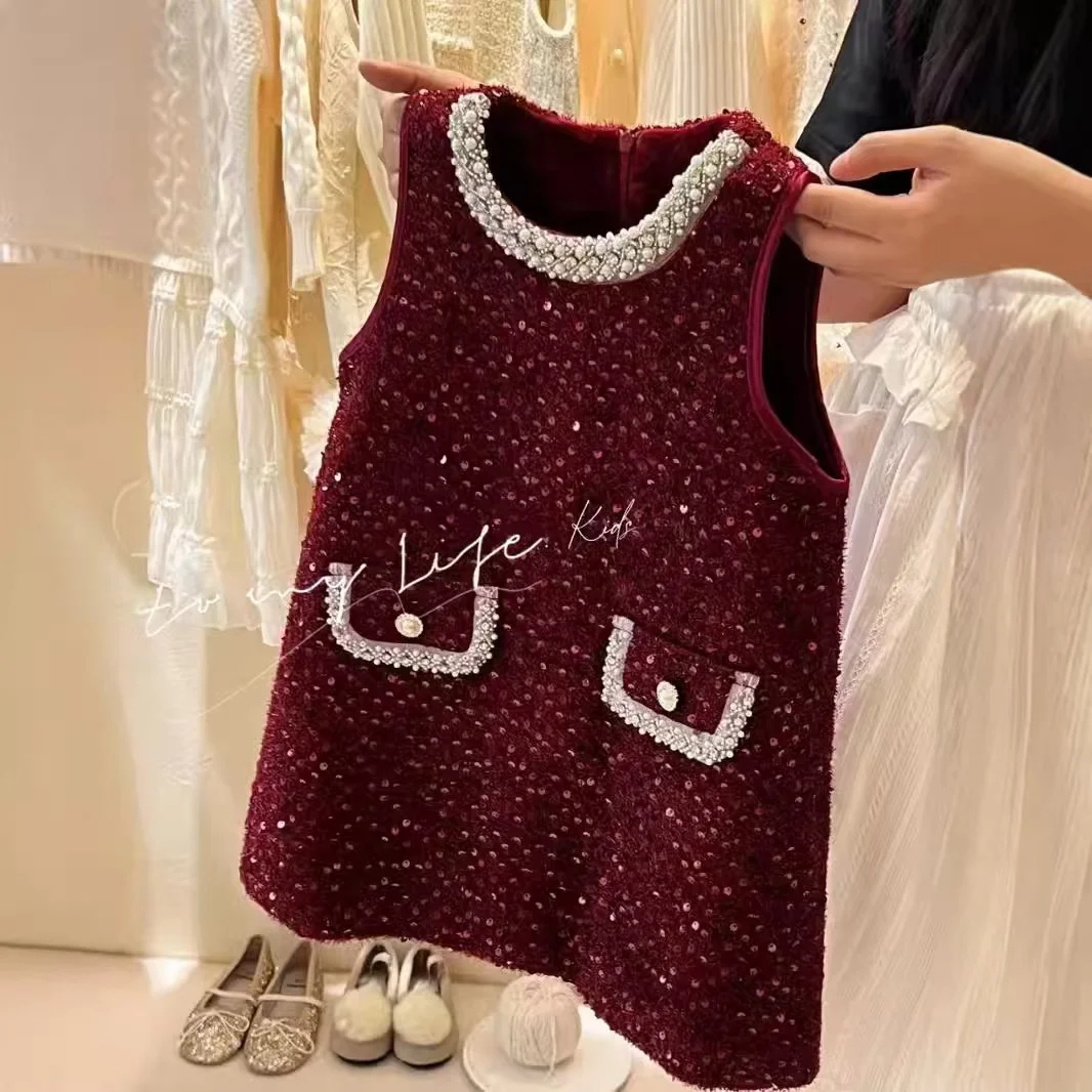 

Kids Girls Princess Dress 2025 Autumn/Winter New Children's Christmas New Year Small Fragrant Sundress Beaded Little Dress Dress