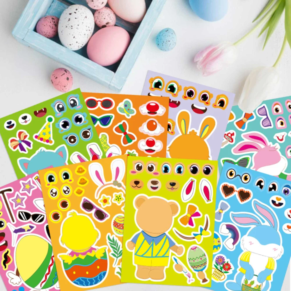 

8/16sheets Easter Bunny Egg Animal Puzzle Stickers Make a Face DIY Assemble Jigsaw Decals Funny Cartoon Festive Decoration Toys