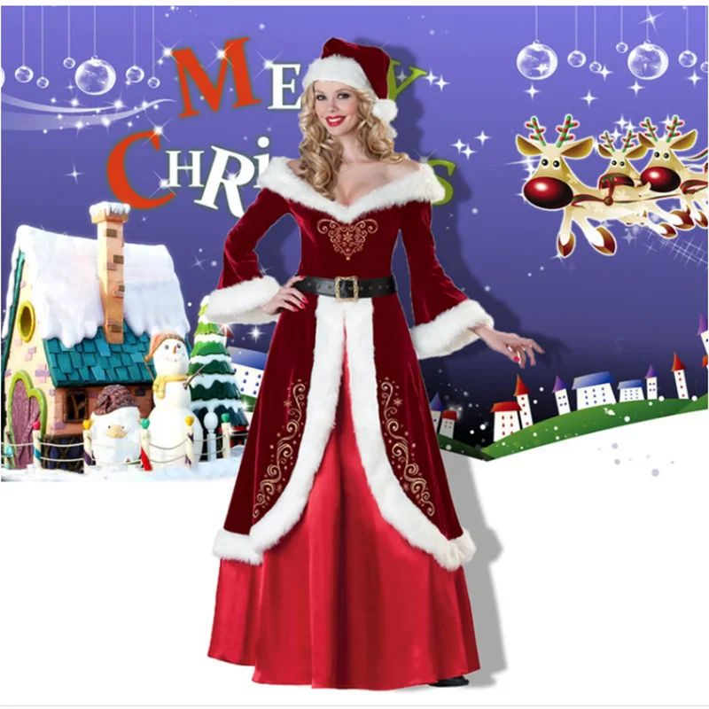 Women's Christmas Set Three Piece Family Party Merry Christmas Couple Role Playin Beautiful Hat Comfortable Belt Red Dress M-2XL