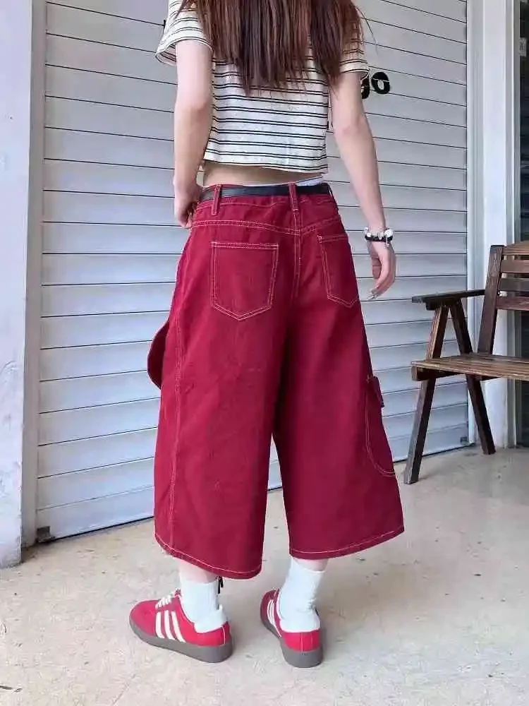 

American Retro Red Baggy Jeans Shorts Women Summer High Street Wide Leg Loose Denim Pants Streetwear Casual Slouchy Trousers