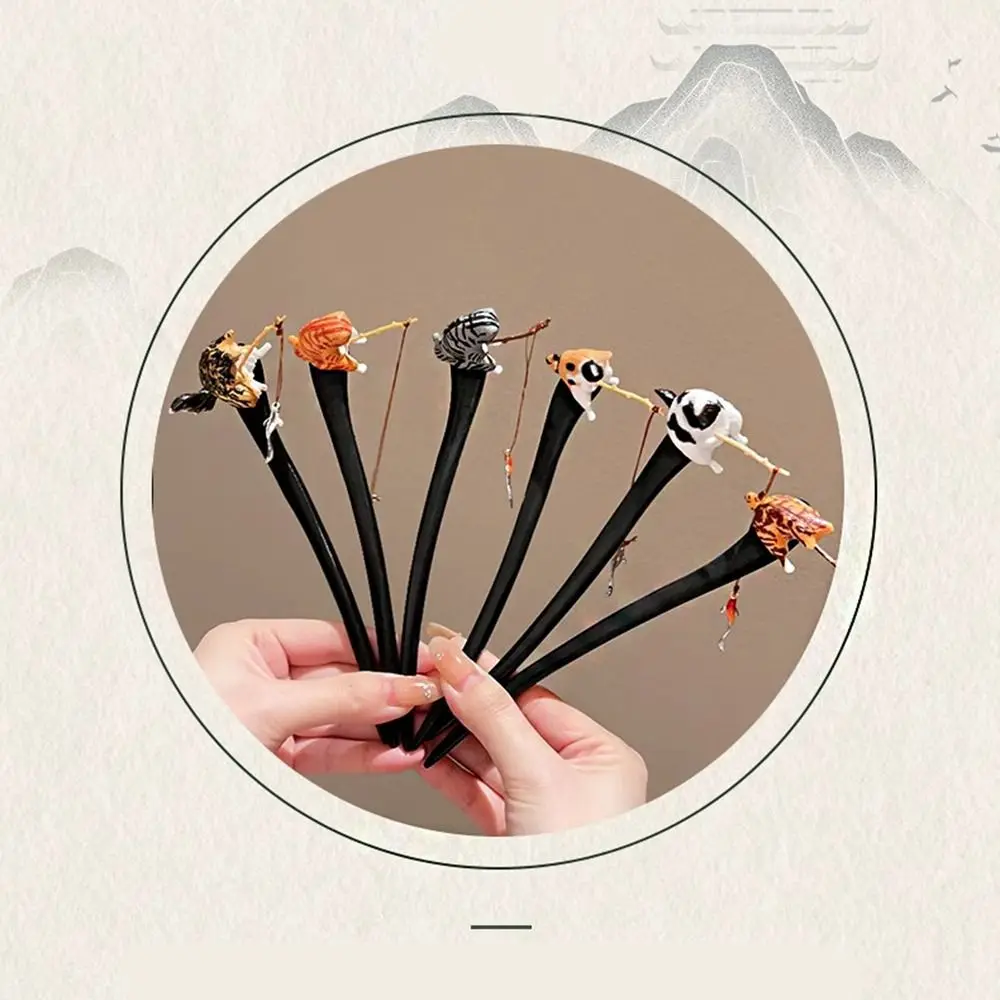 Retro Cat Fishing Wooden Hair Stick Black Sandalwood Tassel Hanfu Hairpin Chinese Style Hanfu Headwear Cheongsam Accessories